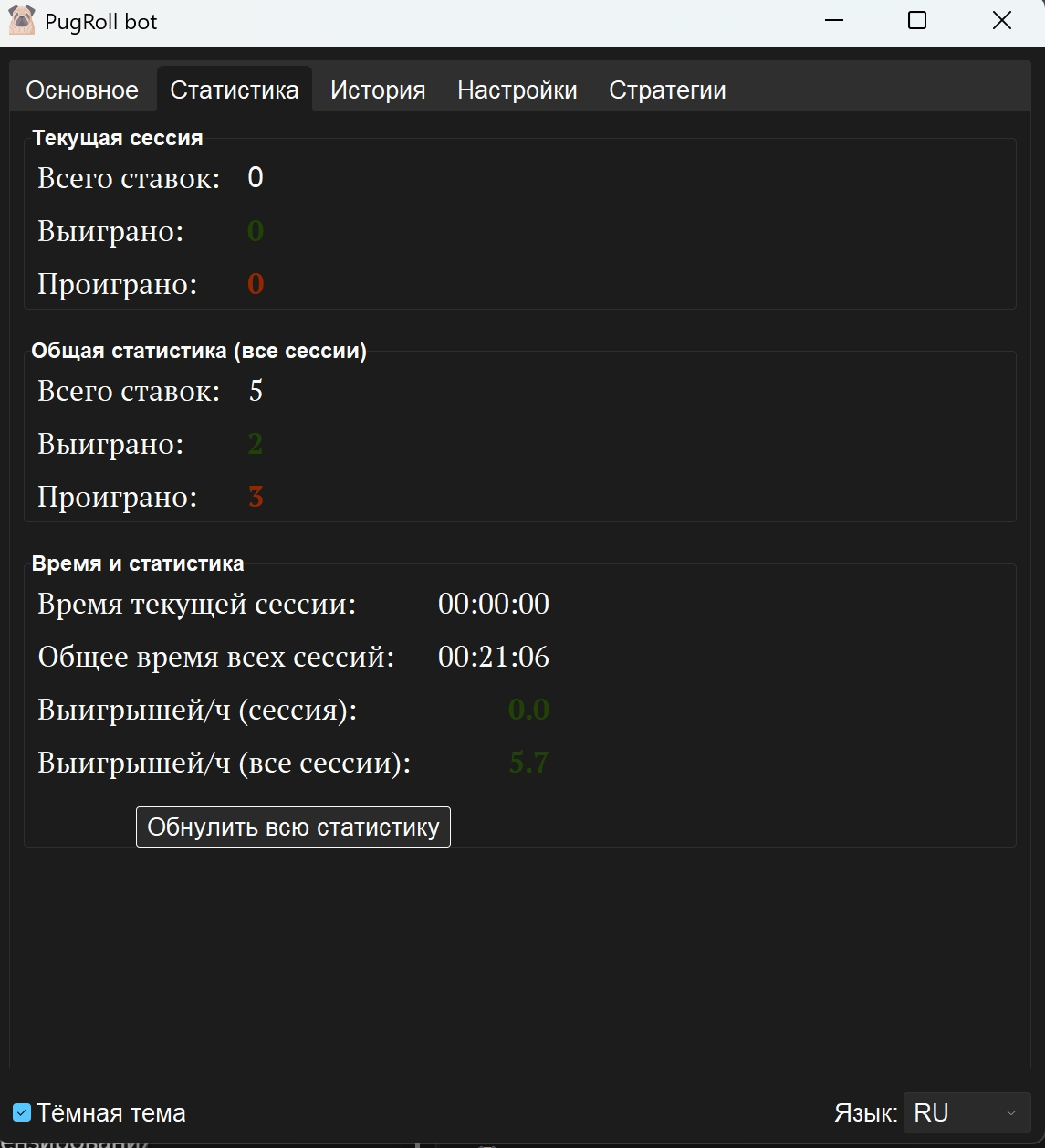 Скриншот вкладки Статистика